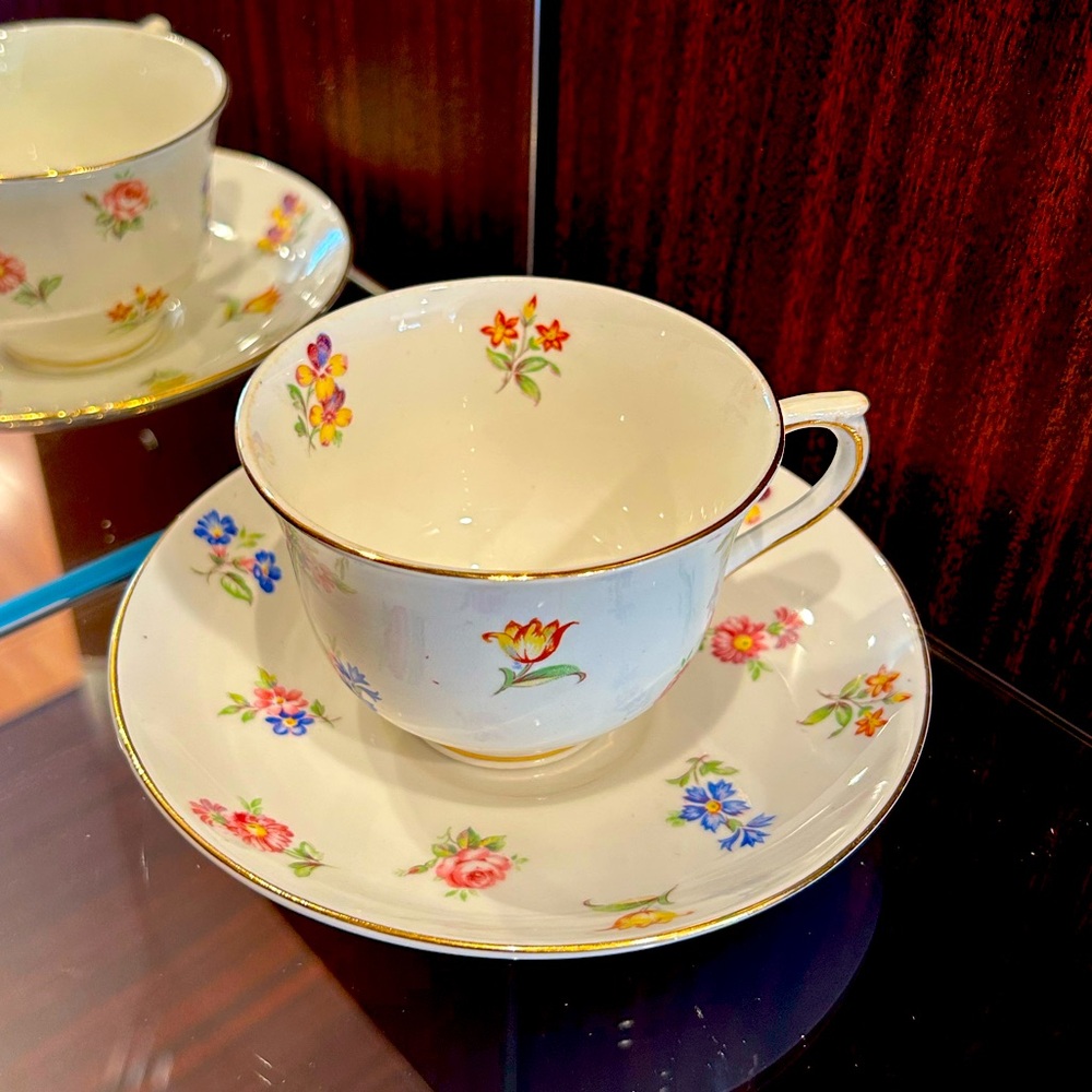 Vale Bone China White Floral Set of Cup and Saucer Made in England